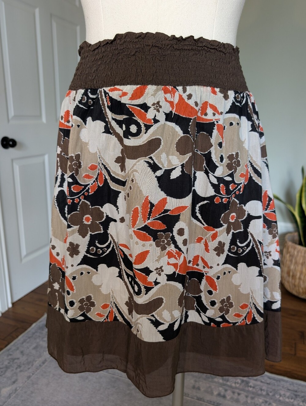 Reitmans Boho Brown Skirt Floral Silk Cotton A Line Smocked Waist 16 Petite